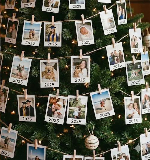 Arbol navideño con fotos polaroid